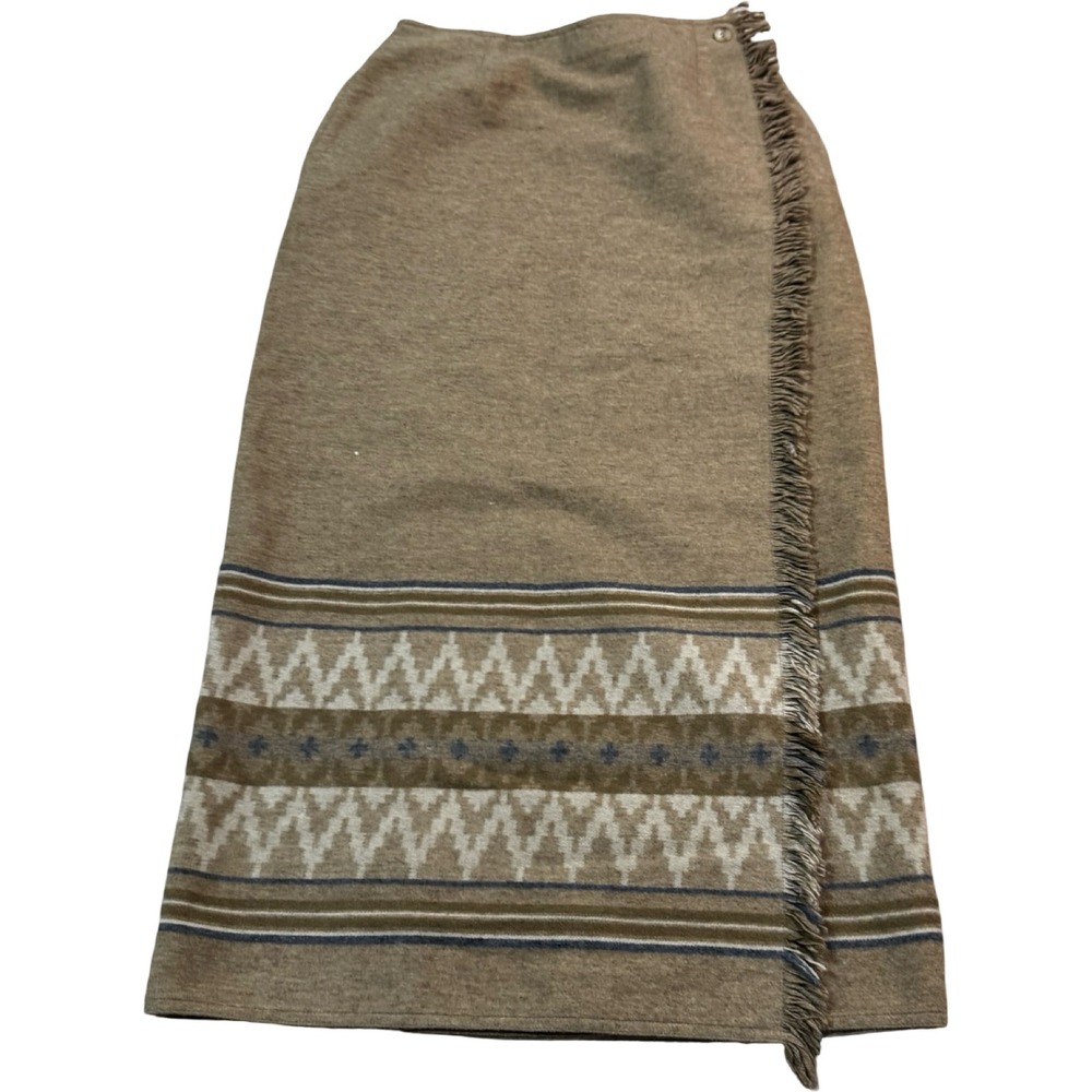 Lizsport Wrap Maxi Skirt Womens 8 Taupe Wool Blend 90s Southwestern Fringe‎ Trim